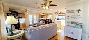 Smart TV, fireplace, books