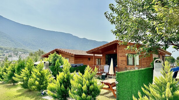 Una cabaña de madera con un patio, rodeada de vegetación y un paisaje montañoso.