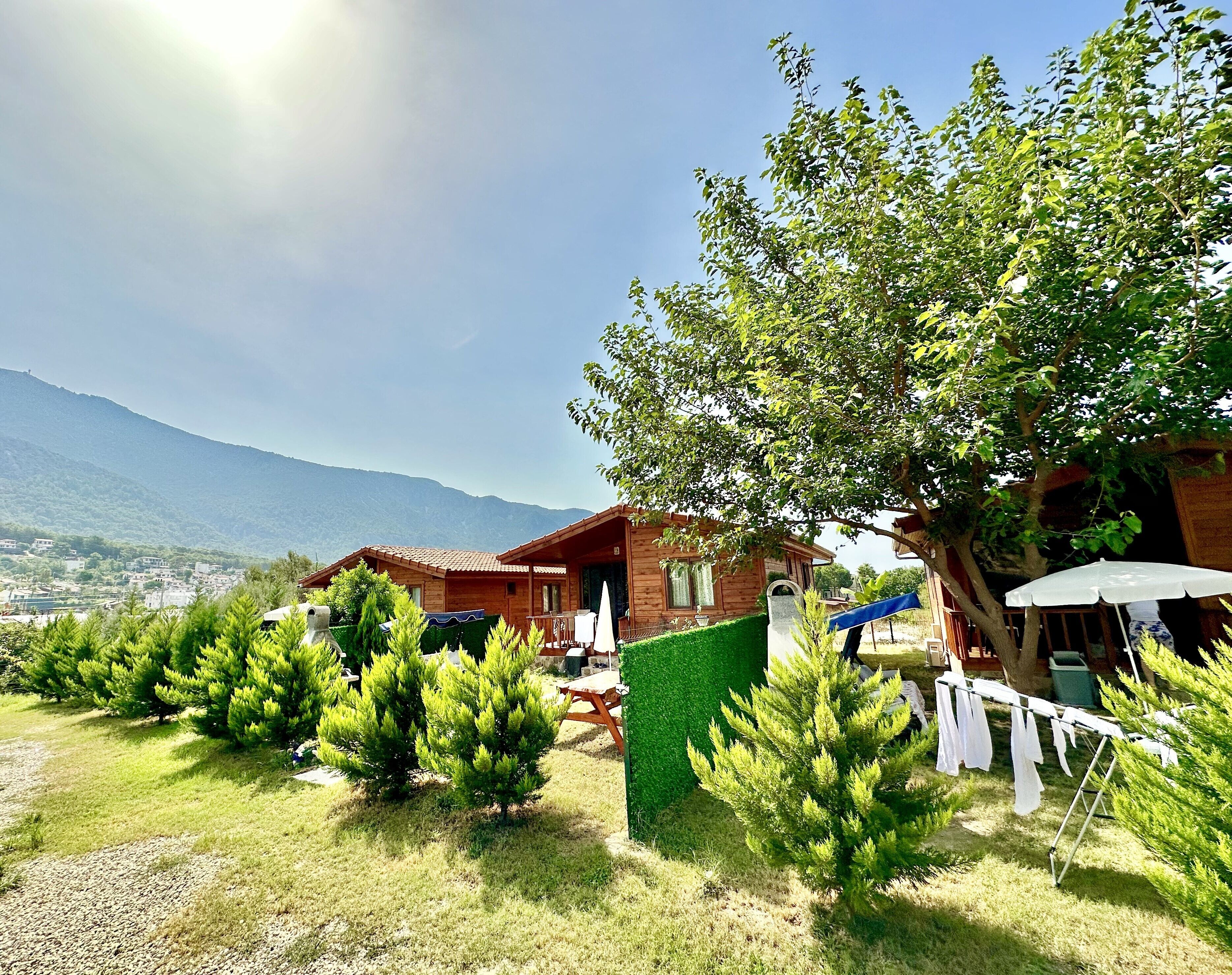 A wooden cabin with a patio, surrounded by lush greenery and a mountain backdrop.