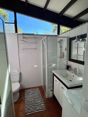 Shower, hair dryer, toilet paper
