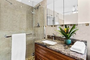 Shower, hair dryer, towels, shampoo