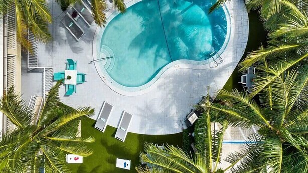En vy från ovan av en swimmingpool omgiven av palmer, med solstolar och ett litet bord.