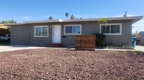 Stylish single-story home with a gravel driveway and wooden fence, featuring a flat roof and a welcoming entry door.