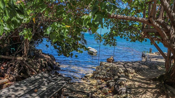 A wooden deck with a view of the sea, surrounded by trees and rocks. - Columbus Inn (St. Ann's Bay)