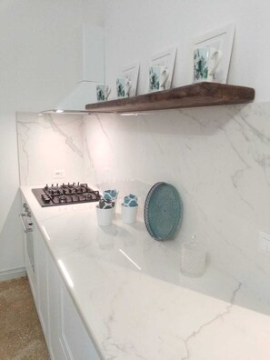 Fridge, oven, stovetop, coffee/tea maker