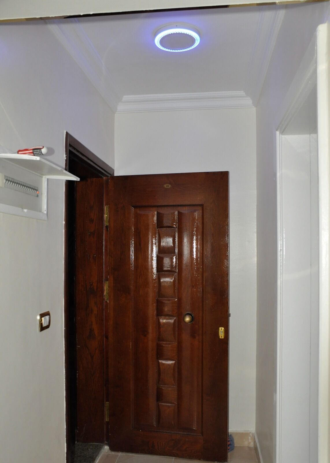 A wooden door with a brass handle and a brass doorknob, a white wall, and a ceiling light fixture.