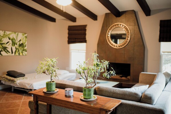 Una sala de estar con un sofá, una mesa de centro de madera con dos plantas en macetas, una chimenea y un espejo grande en la pared.
