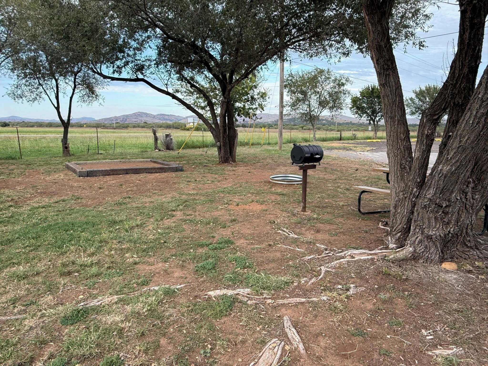 An outdoor area with a barbecue grill, a metal bench, and a tree.