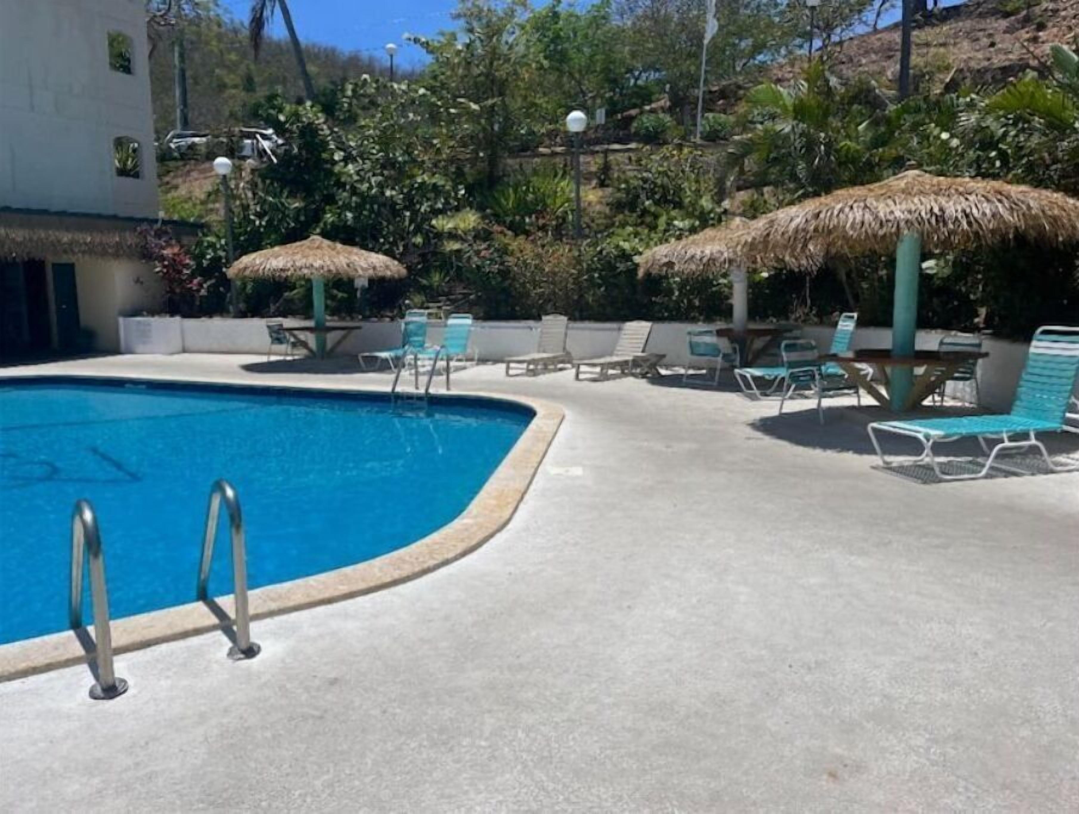 Ein Swimmingpool mit Liegestühlen und Sonnenschirmen, umgeben von viel Grün und einem Gebäude.