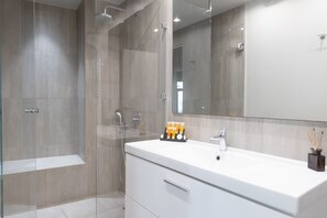 Shower, hair dryer, soap, shampoo