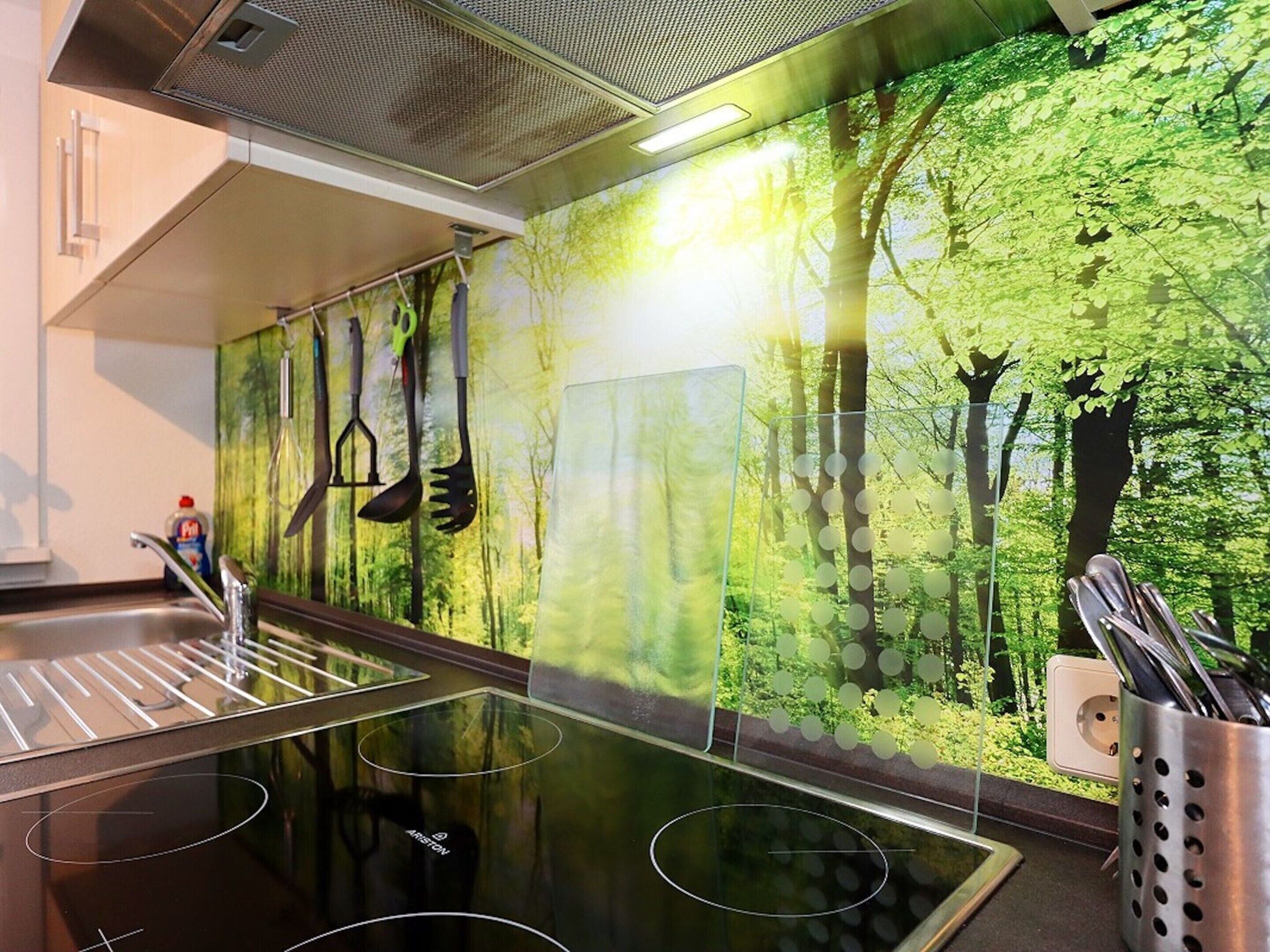A modern kitchen with a stainless steel sink, a glass stovetop, and a wall mural of a forest scene.