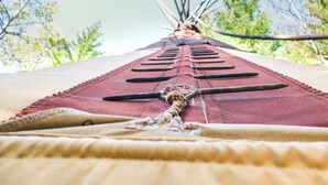 A close-up of a traditional structure with a central pole and ropes, surrounded by a fabric canopy. - Sundance Family Tipi (Kananaskis)