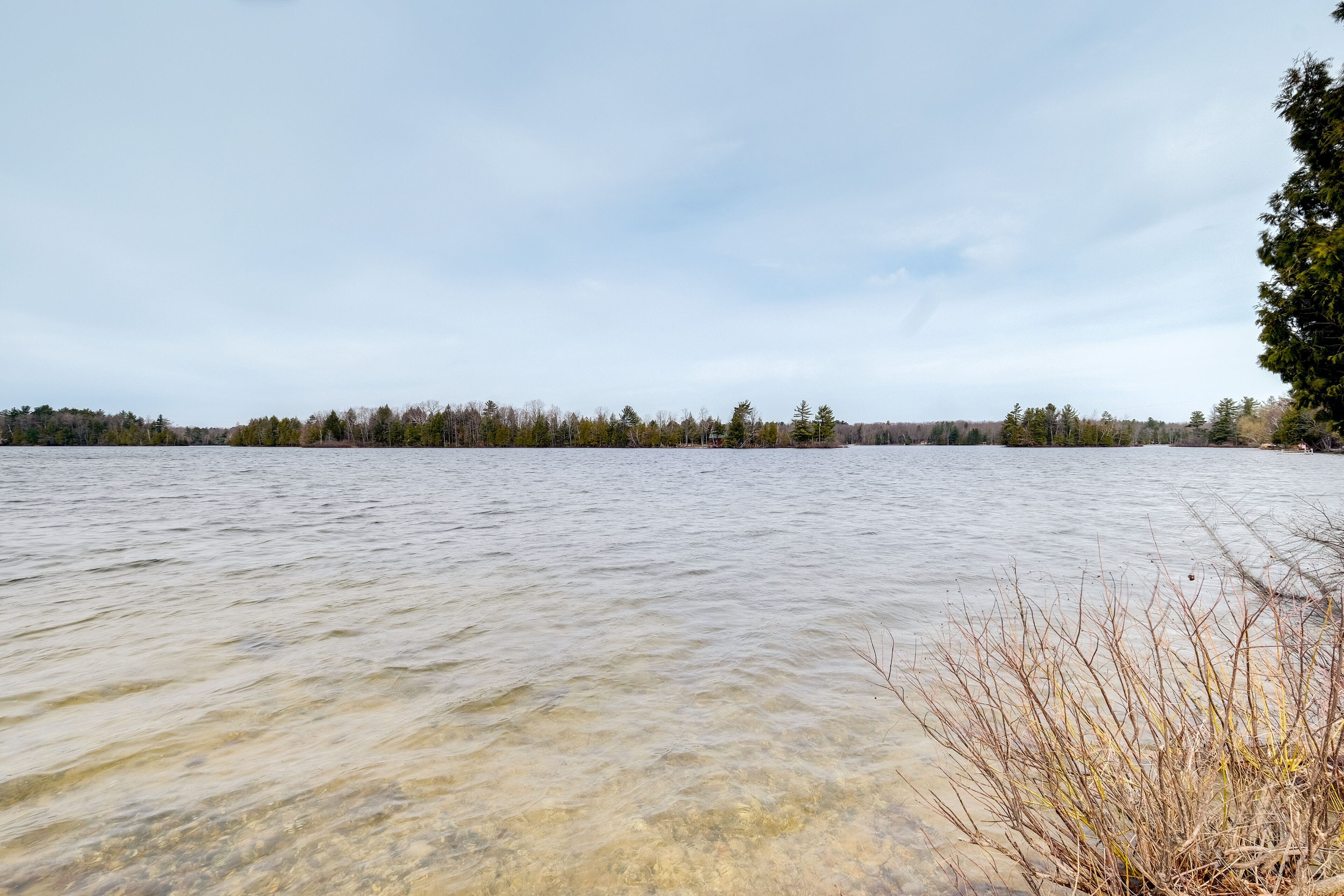 Ein ruhiger See mit klarem Wasser, umgeben von Bäumen und einem bewölkten Himmel.