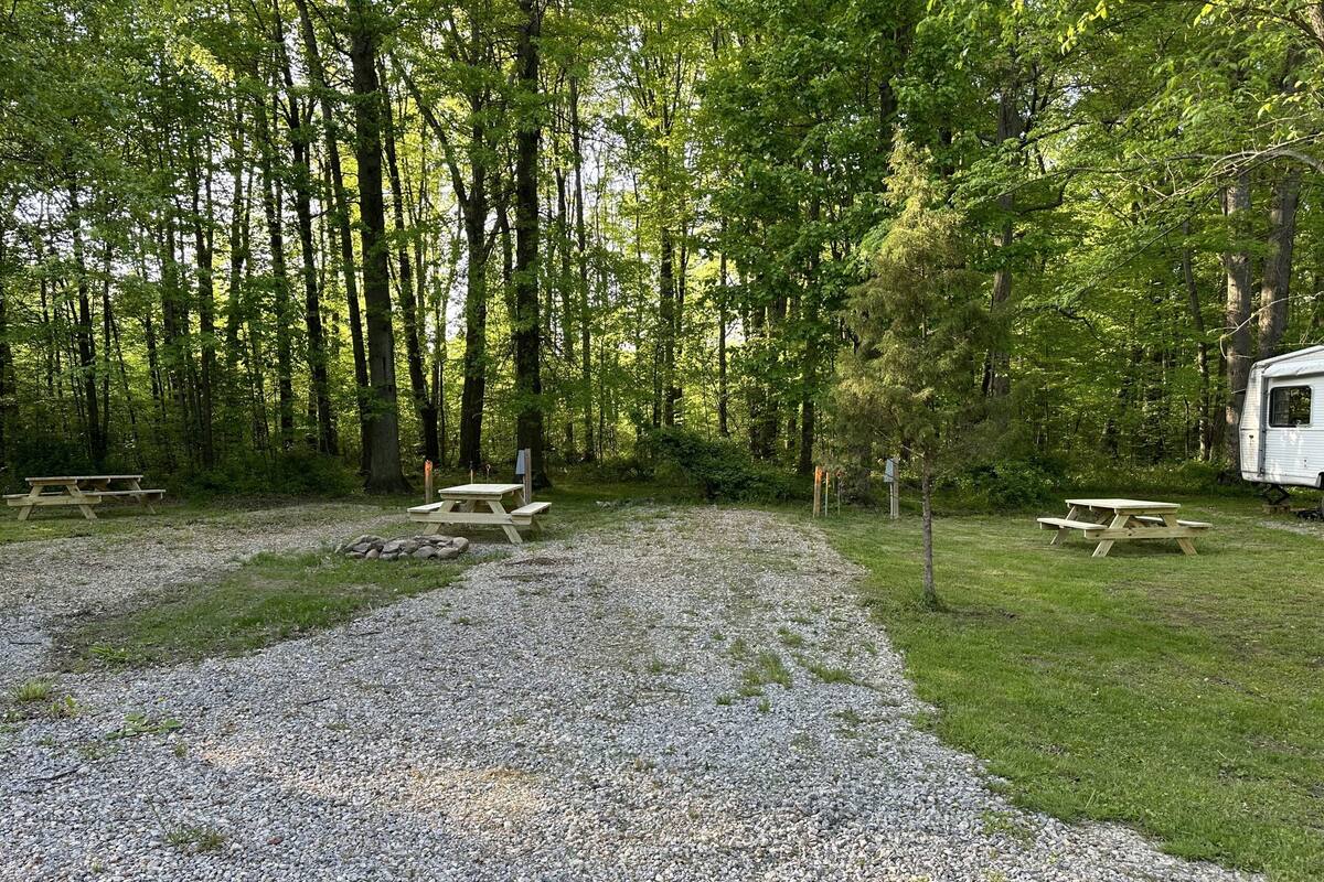 A campground with picnic tables, a gravel path, and a white RV.
