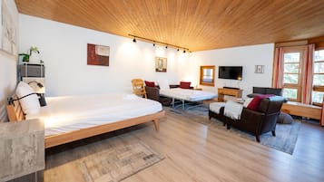 Une chambre moderne avec un plafond en bois, un lit, un canapé, une télévision et une fenêtre avec des rideaux.