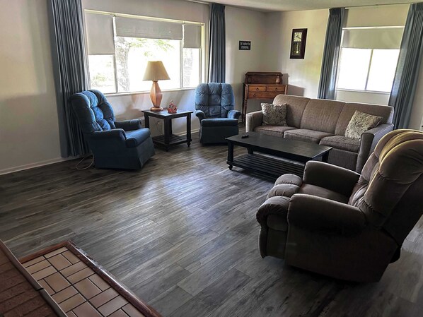 TV, fireplace, books