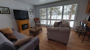 Een woonkamer met een open haard, een televisie, een bank en een groot raam met uitzicht op bomen.