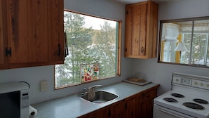 Een keuken met houten kastjes, een roestvrijstalen spoelbak, een fornuis en een raam met uitzicht op bomen.