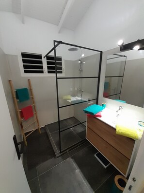 Regadera, secadora de cabello, toallas, papel de baño 