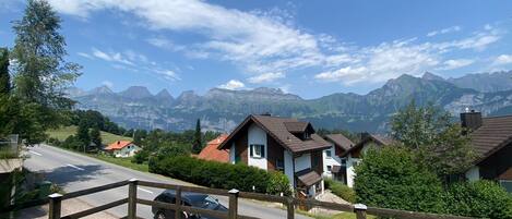 A residential area with houses, a road, and a mountain range in the background.