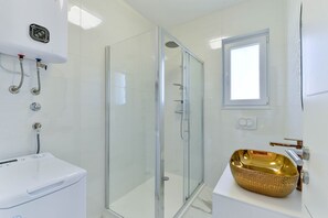 Shower, hair dryer, towels