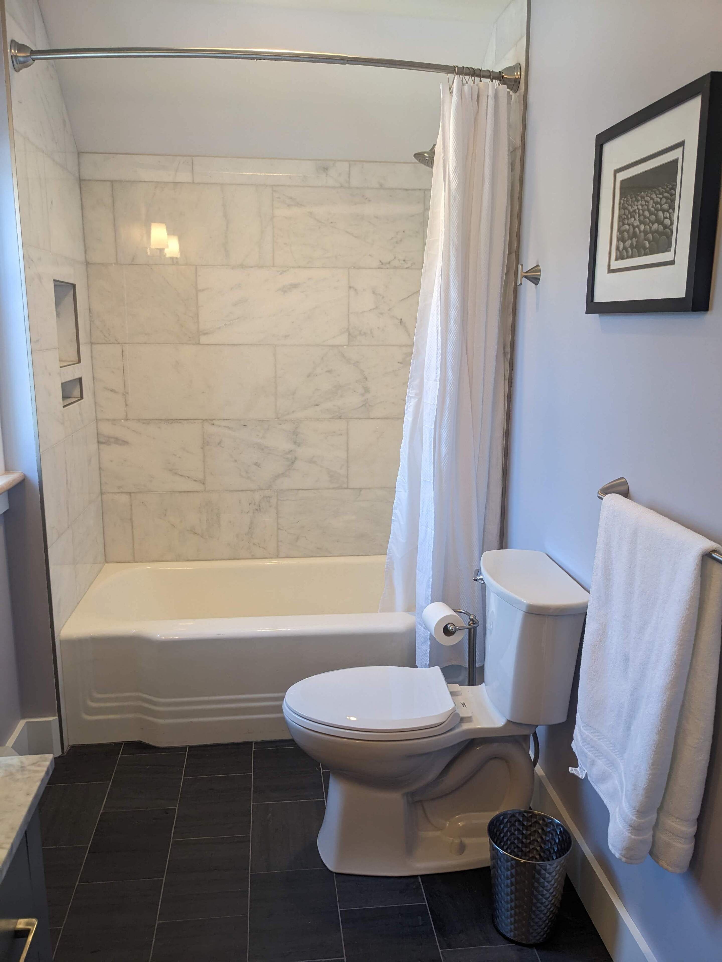 A bathroom with a bathtub, toilet, and a shower curtain.