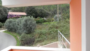 A balcony with a view of a house surrounded by greenery and a road.