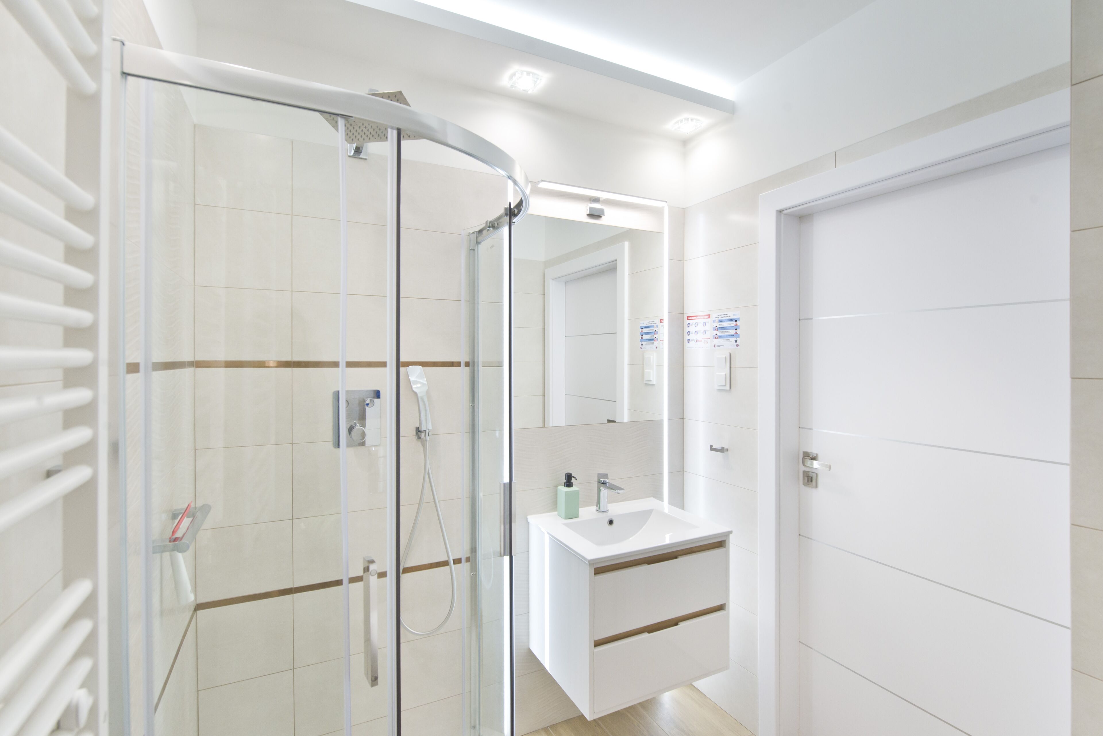 A modern bathroom with a glass shower enclosure, a white sink, and a mirror.
