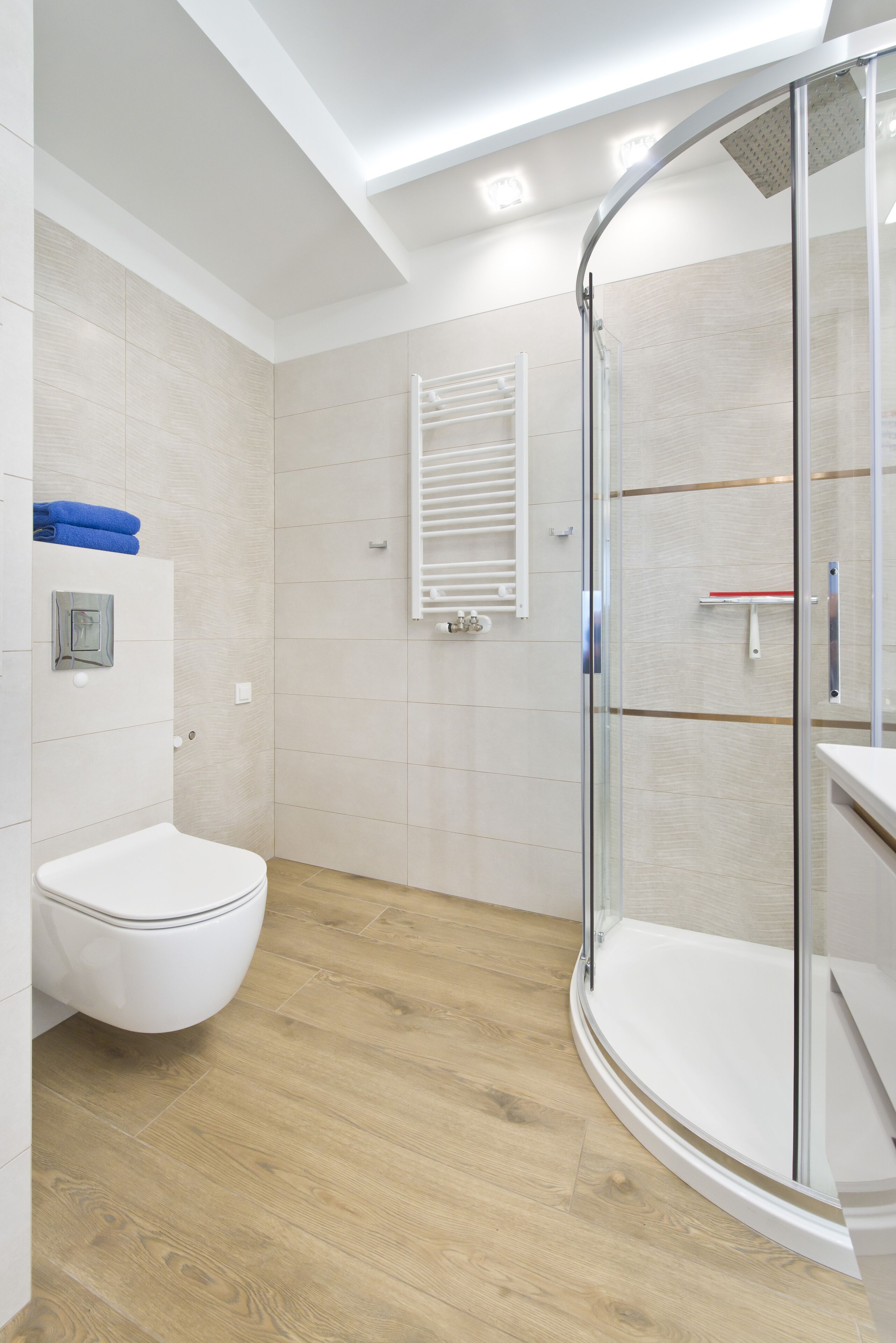 A modern bathroom with a glass-enclosed shower, a white toilet, and a wooden floor.