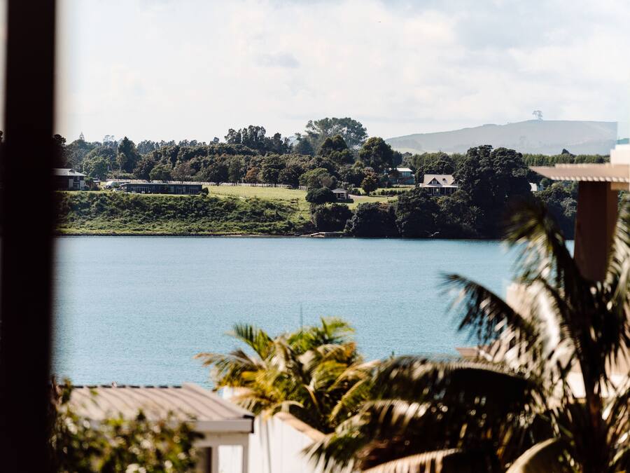 Vista de un lago rodeado de vegetación y edificios al fondo.