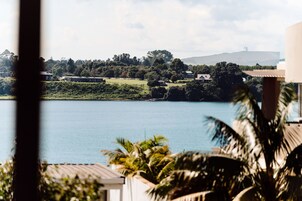 Vista de um lago com vegetação ao redor e edifícios ao fundo.