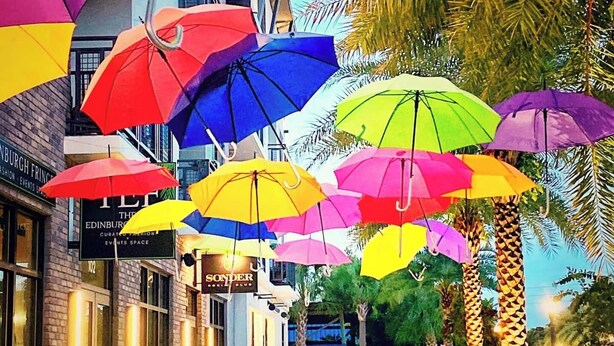 A street with colorful umbrellas hanging overhead, a bench, and a building with a sign that reads "Edinburgh Fringe." - No Damage Walk to Downtown Dunedin and Waterfront Yard Pets OK Barefoot Parrot 2 (Dunedin)