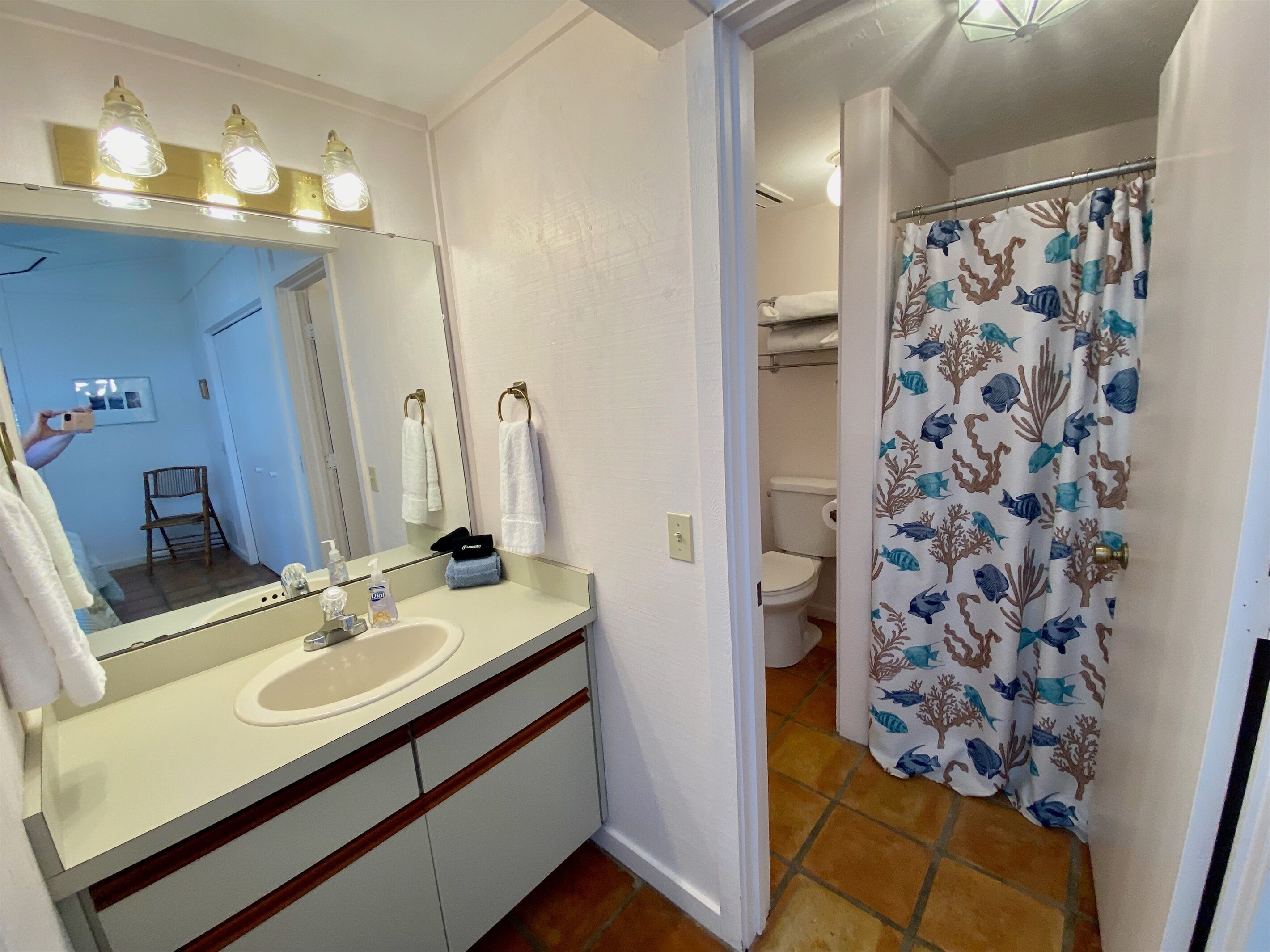 A bathroom with a sink, mirror, and toilet. There is a shower curtain with a fish pattern.