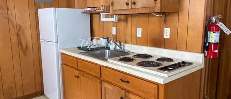 Fridge, microwave, coffee/tea maker, toaster