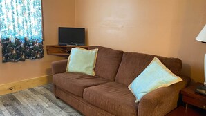 A brown sofa with two light blue pillows, a television on a wooden stand, and a patterned curtain on a window. - Cabin 8 - Reel and Trigger (Tom Township)