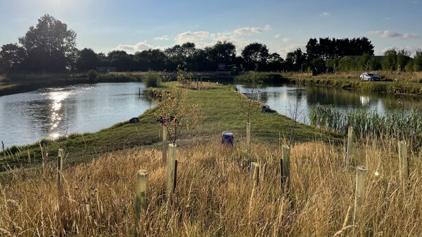Eine friedliche Seenlandschaft mit blauem Himmel, ruhigem Wasser und umliegender Vegetation.