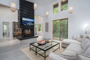 TV connectée, cheminée, livres