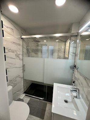 Shower, hair dryer, towels, toilet paper