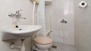 Ein Badezimmer mit Waschbecken, Toilette, Dusche und Toilettenpapierhalter.