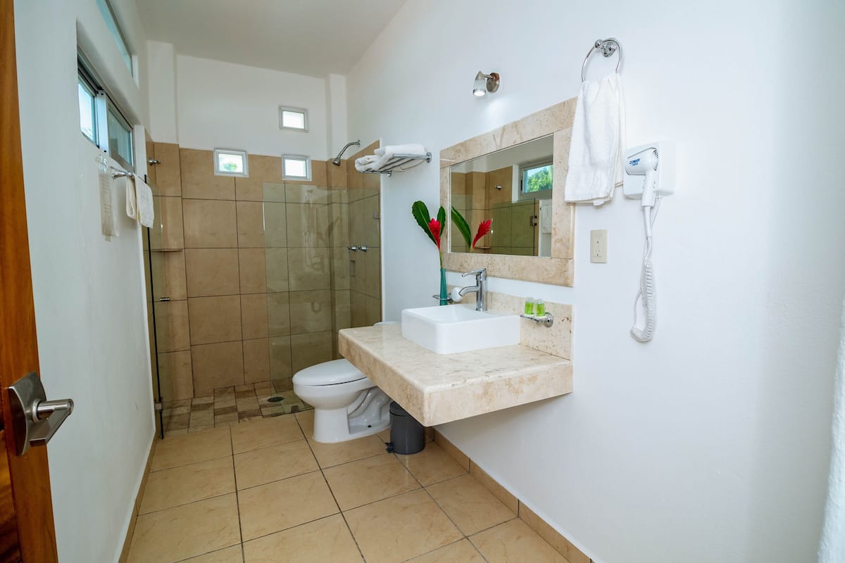 Un baño moderno con ducha acristalada, inodoro blanco y lavabo con espejo superior.