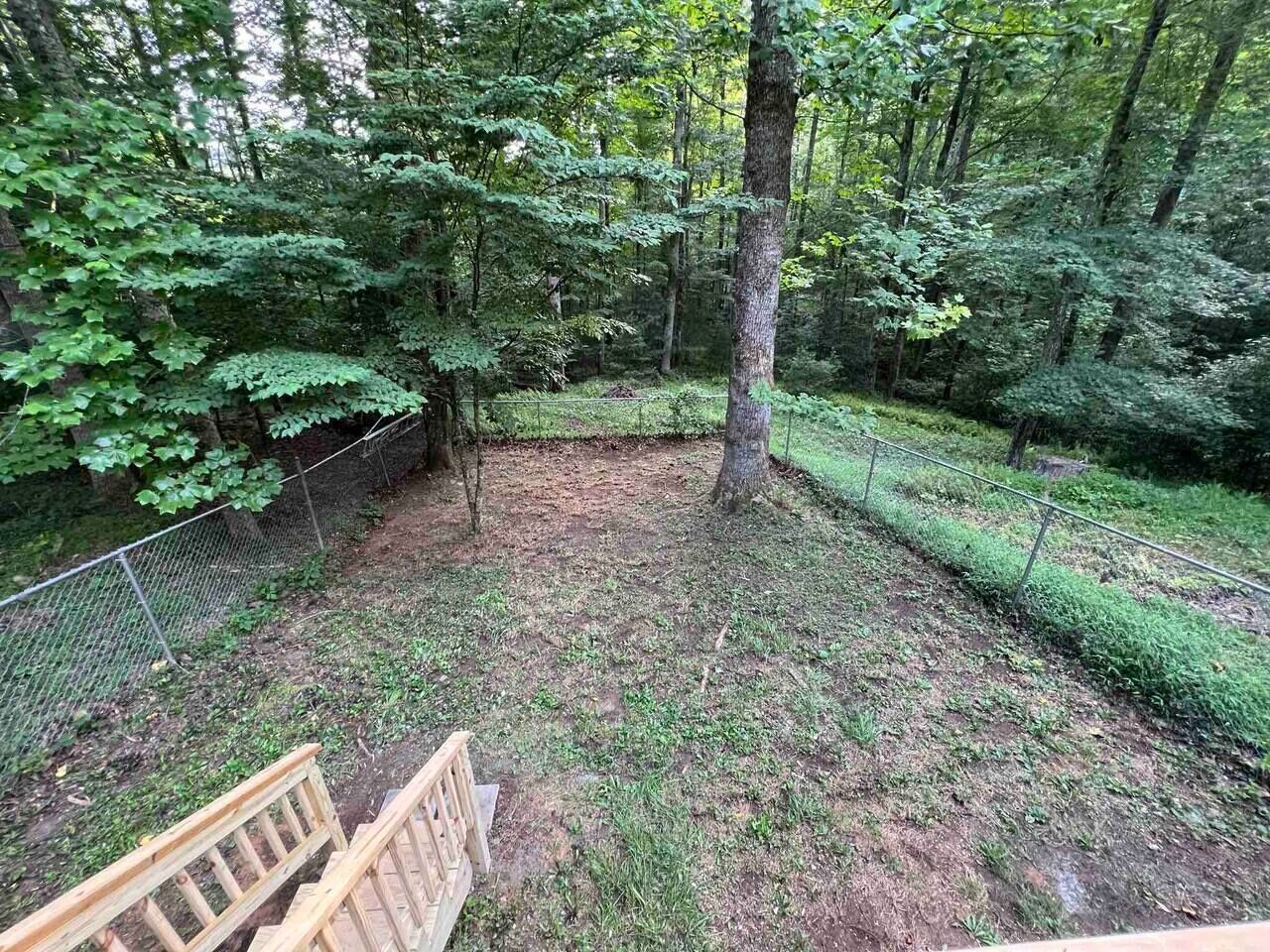 Une cour arrière clôturée, avec un banc en bois, entourée d’arbres denses et de verdure.