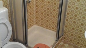 Een badkamer met een douchecabine, behang met een patroon en een toilet.