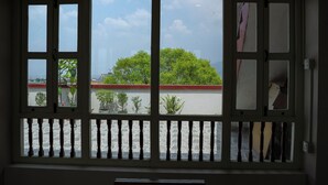A window with a view of a tree and a building across a street. - KAJI CHEN (Sunakothi)