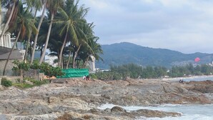 A rocky beach with palm trees and a view of distant hills. - Kalim Résidence unit- 133 (Patong)