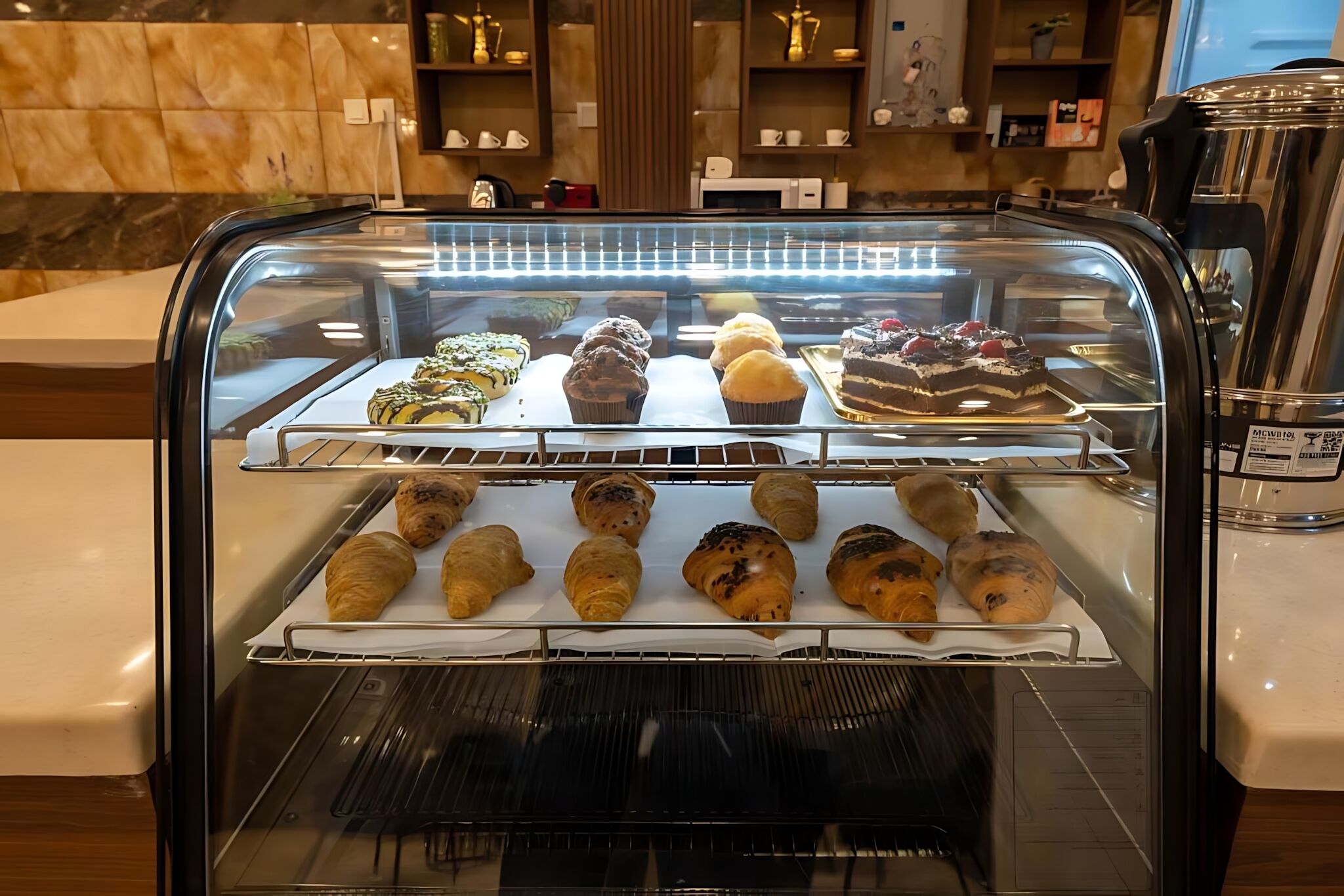 A bakery display case with various baked goods including pastries and cakes.