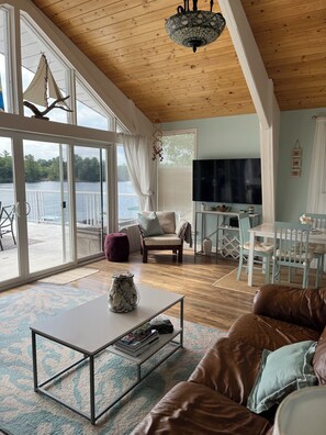 Smart TV, fireplace, DVD player, books