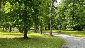 Un parc avec un sentier de gravier, de l’herbe verte et des arbres.