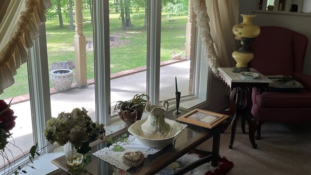 Une pièce avec de grandes fenêtres, une table ornée d’un vase de fleurs, une lampe et une chaise.