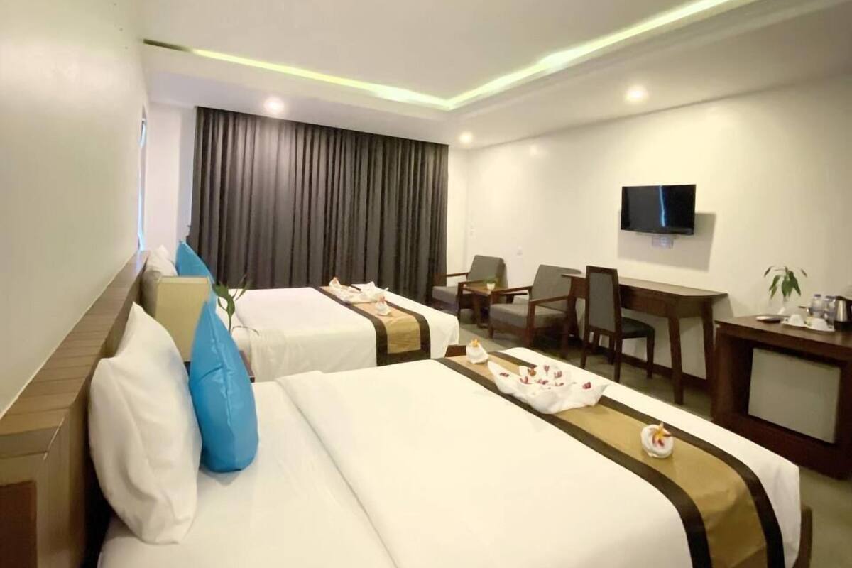 A hotel room with two beds, a desk, a chair, a TV, and a plant.