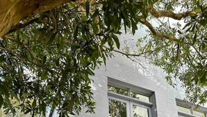 Ein modernes Gebäude mit einer Treppe, die zu einem Balkon mit aufwendiger Metallgalerie führt.